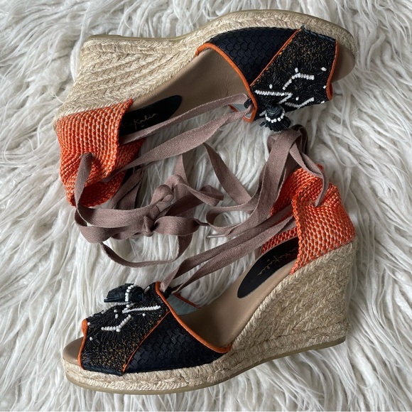 Anthropologie Meher Kakalia Beaded Queen Yuca Wedge Espadrille Sandals EUC Sz 38
